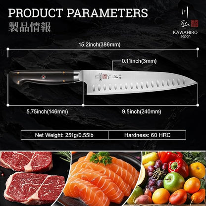 Professional Chef Knife, 9.5" Handcrafted Japanese Chef Knife for Efficient Kitchen, Japan High Carbon Alloy Steel Gyuto Knife with Hollow Blade, Premium Rosewood Handle, Cooking Gift for Men Women