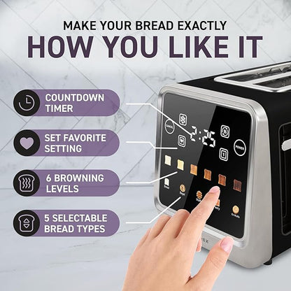 Inspirex Touch Screen Toaster - 2 Extra Wide Slots - 5 Bread Types and 6 Browning Levels - Defrost, Reheat, Favorite, & Single Slot Modes - For Toast, Bagels, & Waffles – Black
