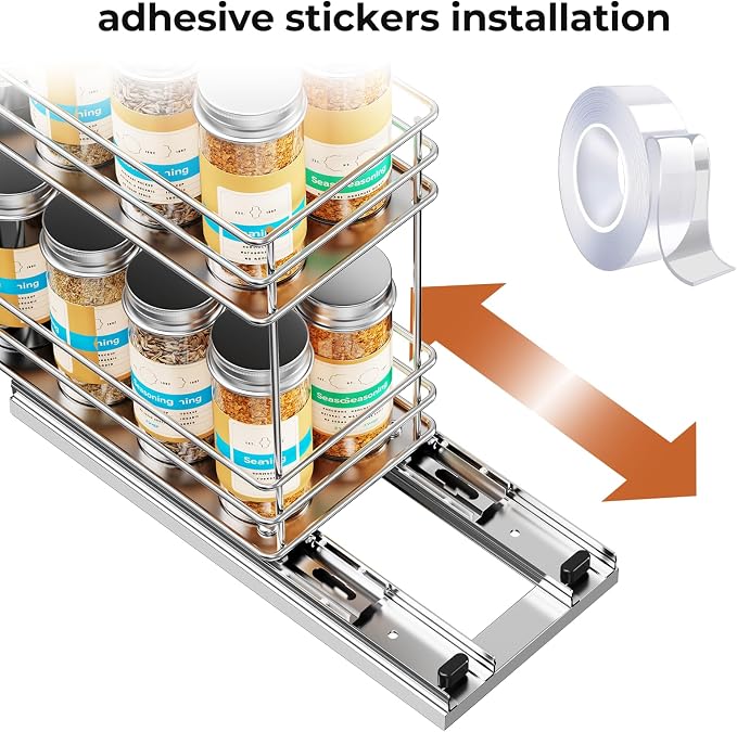 Mystozer Pull Out Spice Rack Organizer for Cabinet, Slide Out Spice Racks, Easy to Install, 4.33" Wx10.43 Dx8.66 H, 1 Drawer 2 Tiers(Silver)