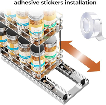 Mystozer Pull Out Spice Rack Organizer for Cabinet, Slide Out Spice Racks, Easy to Install, 4.33" Wx10.43 Dx8.66 H, 1 Drawer 2 Tiers(Silver)