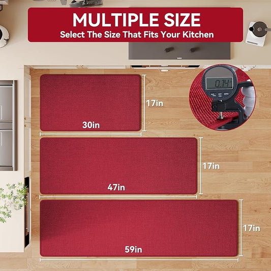 YDKGL Kitchen Mat Set of 2 PCS, Cushioned Non Slip Rugs for Kitchen Floor, Absorbent Runner Comfort Standing Mats Washable for Kitchen, Office, Home Red 17x30+17x59