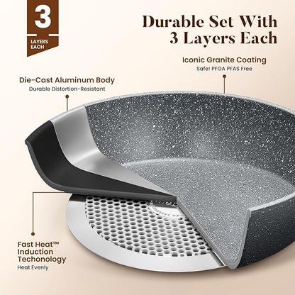 Kitchen Academy Granite Pots and Pans Set Non Stick - 17 Piece Nonstick Cookware Set, Induction Gray Cooking Pans Set, PFOA & PFOS Free.