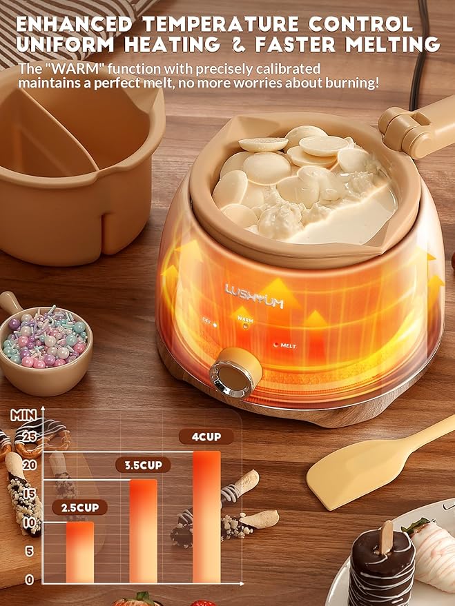 LUSHYUM Chocolate Melting Pot Candy Melts Melter with 2 Insert Pots and Spatula, 4 Cups Capacity Warmer Machine, Ideal Dipping Tool Kitchen Supplies for Making Cake Pop Covered Strawberries Fondue