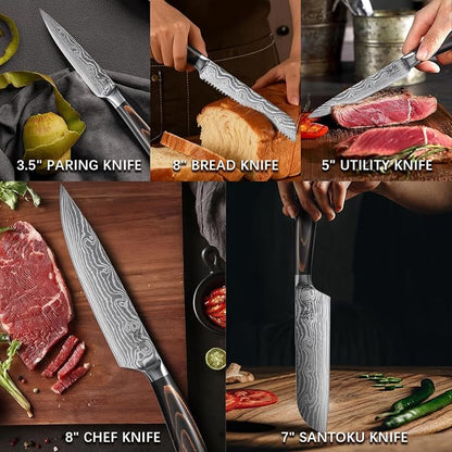 5-Piece Kitchen Knife Set, High Carbon Stainless Steel Blades with Wave Pattern, Ergonomic Pakkawood Handle - Includes 8" Chef, 8" Bread, 7" Santoku, 5" Utility & 3.5" Paring Knives
