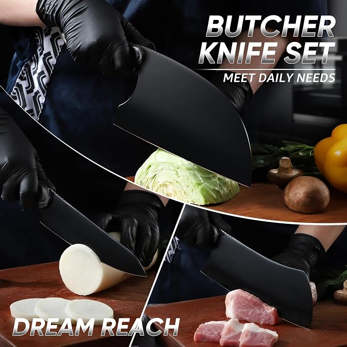 Dream Reach Butcher Knife Set - 3PCS Black Cleaver Knives Kit for Meat Cutting BBQ Outdoor Hand Forged Serbian Chef Cleaver for Mother Father Gift Idea