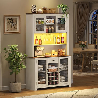 VilroCaz 70.9" Tall Farmhouse Kitchen Pantry Buffet Cabinet with Doors, Drawer and Shelves Wine Rack, Wooden Kitchen Hutch Cabinet with LED Outlets for Dining Room (White-R)