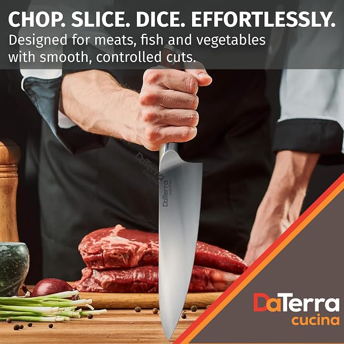 DaTerra Cucina - 8 Inch Chef Knife – German Steel Professional Kitchen Knife with Ergonomic Rosewood Handle, Sharp, Durable, Easy to Clean | Ideal for Chopping, Slicing & Dicing
