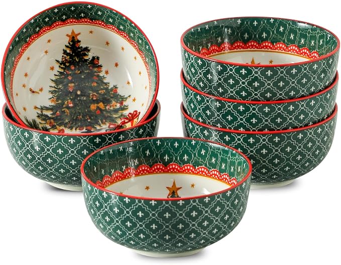 glowworm Cereal Bowls, 26 Oz Soup Bowls Set of 6, Deep Bowls Set for Rice, Oatmeal, Dessert, Dishwasher & Microwave Safe, Green Tree