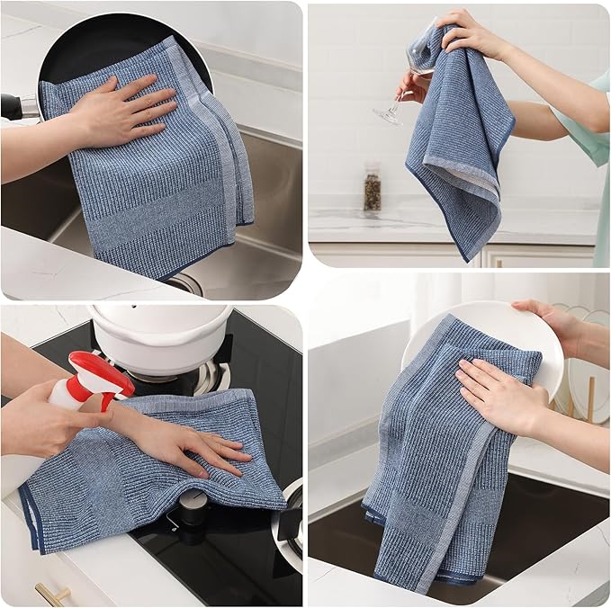 Mordimy Premium Kitchen Towels 8 Pack (18 x 28 Inches, Navy Blue), Large Cotton Kitchen Hand Towel, Flat & Terry Dish Towels for Drying Dishes, Super Absorbent Tea Dishtowels Set with Hanging Loop