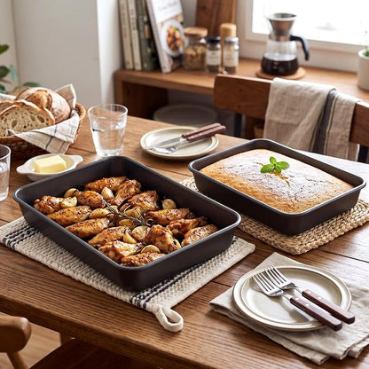 2 Pack Carbon steel Lasagna Baking Pans Set, 11 x 16 Inch & 9 x 13 Inch Heavy Duty Steel Deep Rectangular Cake Pans Nonstick Baking Dishes for Cake, Brownie, Lasagna, Roasting