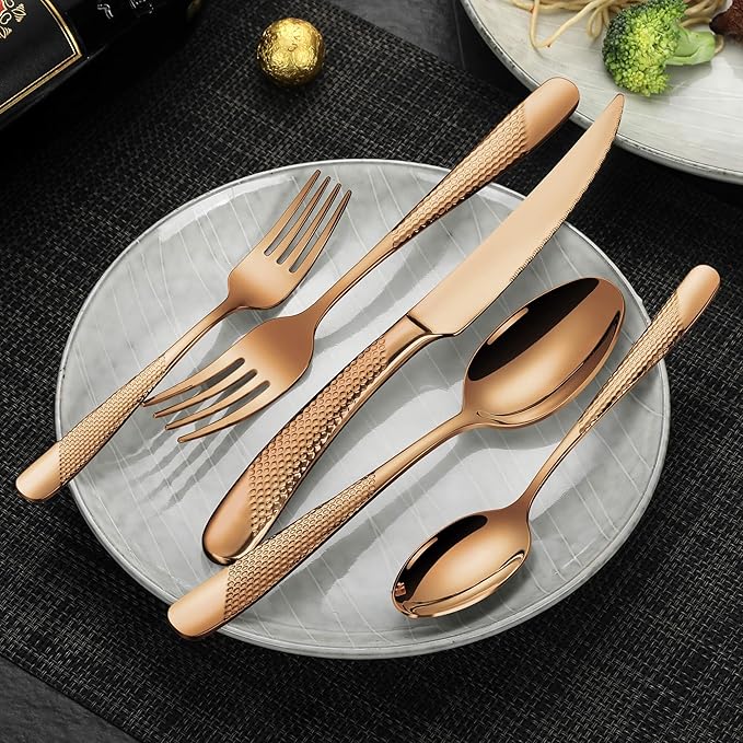 Lemeya Hammered Rose gold 30 Pieces Set Silverware Set for 6 with Serrated Forging Knives,18/10 Stainless Steel Modern Flatware Set,Unique Cutlery Set,Mirror Polished,Dishwasher Safe