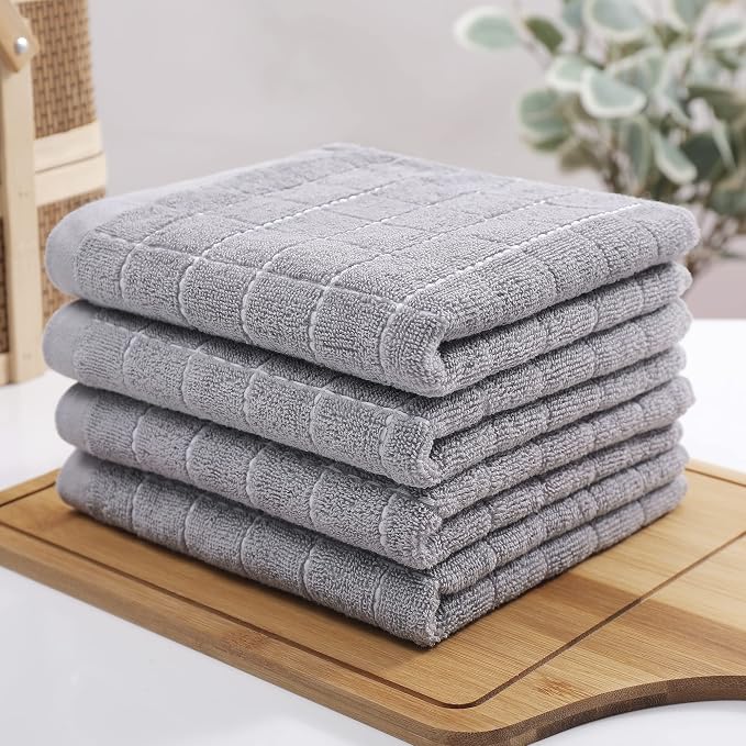 Homaxy 100% Cotton Terry Kitchen Towels(Light Grey, 13 x 28 Inches), Checkered Designed, Soft and Super Absorbent Dish Towels, 4 Pack