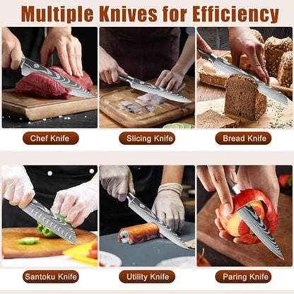 Dfito Kitchen Knife Set, 15 Pieces Knife Set with Block and Sharpener, High Carbon Stainless Steel Chef Knives Set with Red Pakkawood Handle for Home Cooking, Dishwasher Safe