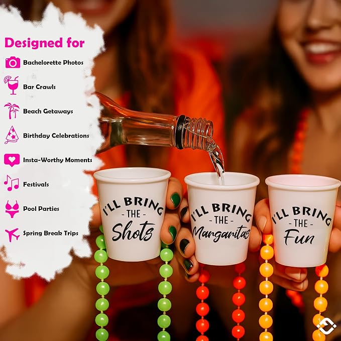 Funky Junque Bride Shot Glass Necklace Set - Bachelorette Party Shot Glass Necklaces with Fun Phrases for Girls Night out - 6 Pack - Girls Night Pack