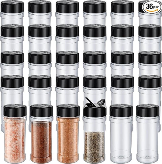 Jadive 36 Pcs Plastic Spice Jars with Shaker Lids Clear Spice Bottles Plastic Seasoning Containers Empty Shaker for Kitchen Storing Herbs Seasoning Powders Pepper Dry Goods (8.5 oz,Black)