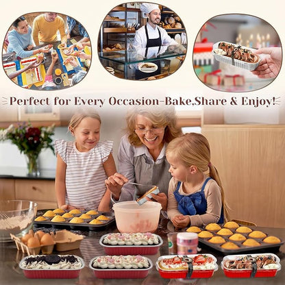 YQER 100 Pack Red Mini Cake Pans with Lids and Spoons, 6.8 oz Disposable Aluminum Foil Mini Loaf Pans with Stickers, Individual Dessert Cake Tins Containers for Valentine Gifts, Holidays, Parties
