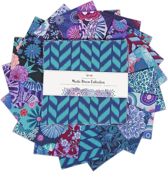Soimoi 40 Pcs Cotton Fabric Squares Bundles Charm Packs for Quilting, Fat Quarter Layer Cakes, Precuts Quilt Squares 10 x 10 inches, DIY Fabric Bundle- Mystic Bloom Collection