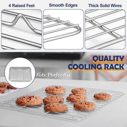 10.4 Inch Baking Sheet Pan with Rack Set, Joyfair Stainless Steel Toaster Oven Pans Tray & Cooling Racks for Cookie/Jelly Roll/Bacon/Meat, Commercial Metal & Rust-free, Dishwasher Safe