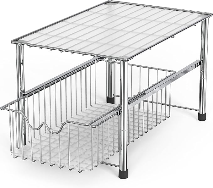 DecoBrothers Stackable Under Sink Organizer with Sliding Basket, Chrome