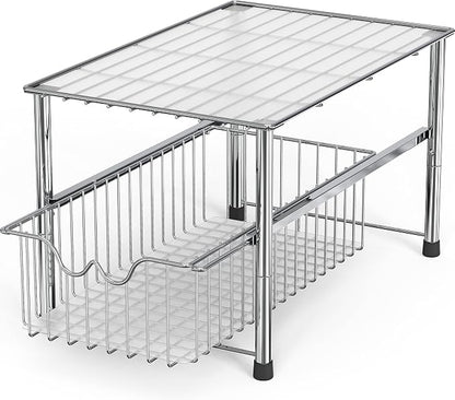 DecoBrothers Stackable Under Sink Organizer with Sliding Basket, Chrome