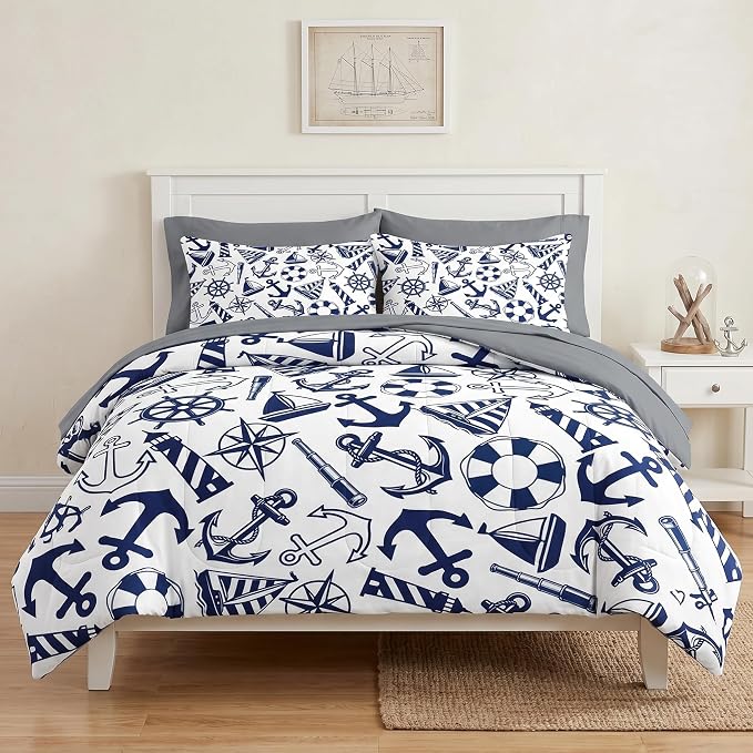 Pamnest Comforter Set Twin Size, Nautical Anchors Navy Blue 5 Pcs Bedding for Kids and Adults, Retro Sailor Lighthouse Bed Sheet Sets with Fitted Sheet Pillowcase & Sham for Bedroom Bed Decor
