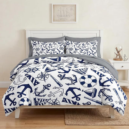 Pamnest Comforter Set Queen Size, Nautical Anchors Navy Blue 7 Pcs Bedding for Kids and Adults, Retro Sailor Lighthouse Bed Sheet Sets with Fitted Sheet 2 Pillowcase & 2 Sham for Bedroom Bed Decor