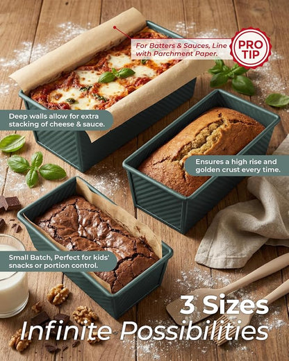 CARTMAN 3-Piece Pullman Loaf Pan with Lid Set – Non-Stick Carbon Steel Bread Pan with Bottom Vents – Includes Large (12"), Medium (8") & Mini (7") Sizes plus Silicone Tools – Sage Green