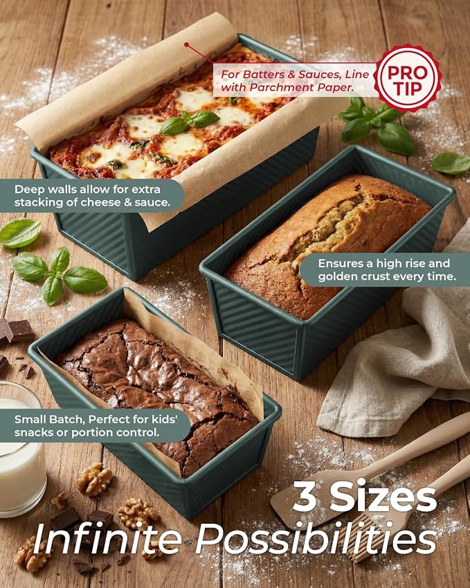 CARTMAN Bread Loaf Pan 2 Pack, 8x4 Pullman Loaf Pan with lid and a Silicone Spatula and Basting Pastry Brush, 1 lb Dough Capacity,Non-Stick Carbon Steel bread pans for homemade bread Sage Green