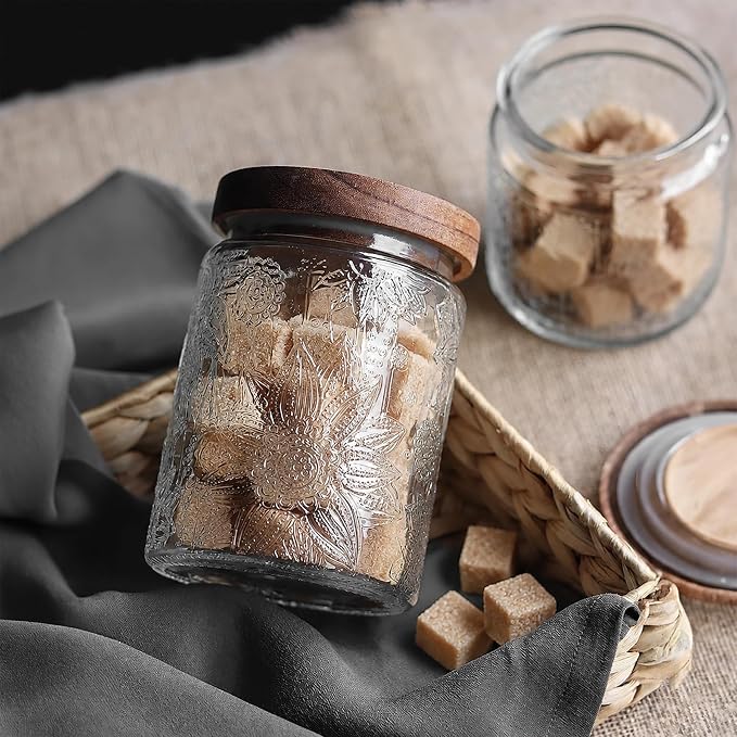 Custde 23.7 fl oz Vintage Glass Jar with Wooden Lid, Airtight Decorative Food Storage Canisters for Kitchen Counter & Pantry, Ideal for Candy, Sugar, Coffee,salt, Tea, Cereal, Flour, Oats