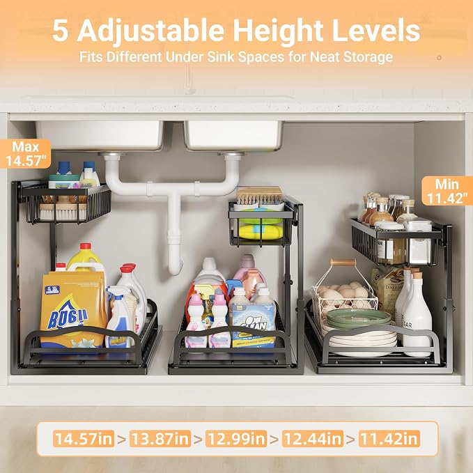 AceMining Under Sink Organizer 2 Pack, L-Shaped 2 Tier Pull Out Cabinet Organizer with Sliding Drawer, 5-Level Height Adjustable Metal Under Sink Storage for Kitchen, Bathroom Organization