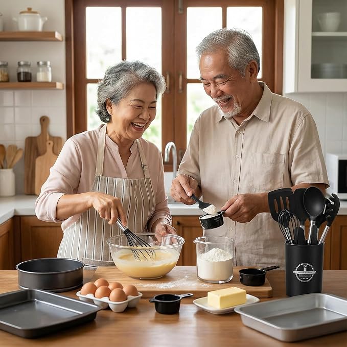 KSENDALO Cooking Utensils Set of 26 - Non Toxic Black Silicone Kitchen Utensils Set with Spoons, Heat Resistant Tong, Whisk & Holder, Dishwasher Safe