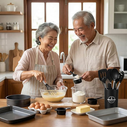KSENDALO Cooking Utensils Set of 26 - Non Toxic Black Silicone Kitchen Utensils Set with Spoons, Heat Resistant Tong, Whisk & Holder, Dishwasher Safe
