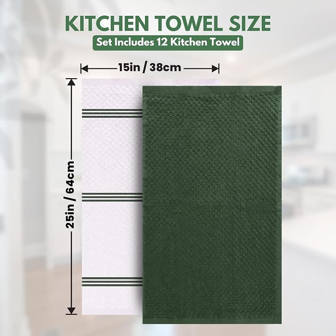 Infinitee Xclusives Premium Kitchen Towels - [Pack of 12] 100% Cotton Kitchen Hand Towels (15 x 25 Inches) - Dish Towels for Kitchen |Sturdy Green|