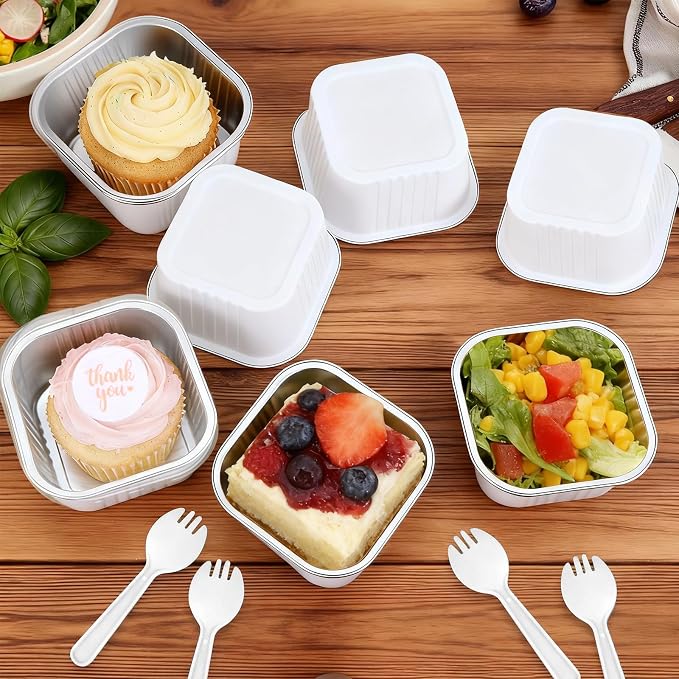 20 Pack 10oz Mini Cake Pans With Lids, Aluminum Foil Square Brownie Baking Cups,Disposable 4”x4” Large Cupcake Pan,Jumbo Muffin Tin Ramekins Holders-White