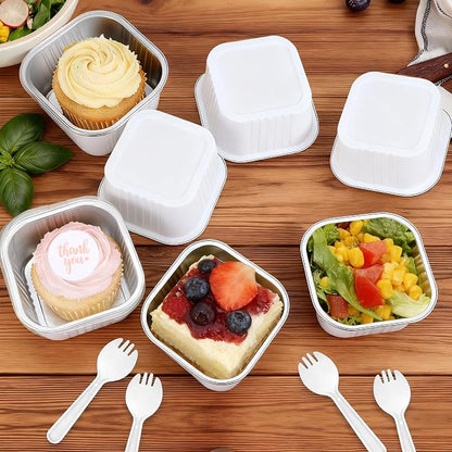 20 Pack 10oz Mini Cake Pans With Lids, Aluminum Foil Square Brownie Baking Cups,Disposable 4”x4” Large Cupcake Pan,Jumbo Muffin Tin Ramekins Holders-White