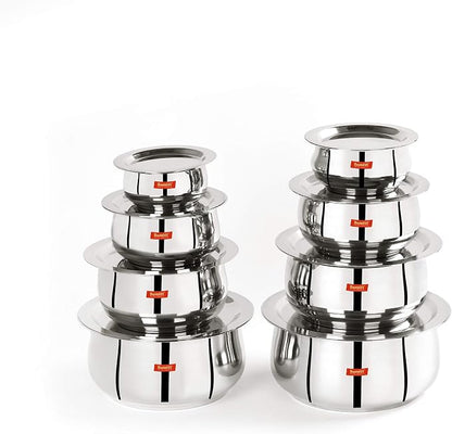 Sumeet Stainless Steel Belly Shape 8 Pc Tope/Cookware/Pot Set with Lid 380ML, 500ML, 780ML, 1.1Ltr, 1.4Ltr, 1.75Ltr, 2.4 LTR, 3.1 LTR (Silver)