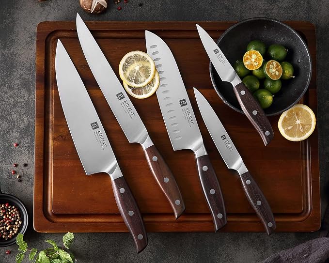 XINZUO German Stainless Steel Knife Set, 5Pcs Professional Chef Knife Sets for Chefs, Ultra Sharp,Chef Santoku Slicing Petty Paring Knife with Red Sandalwood Handle