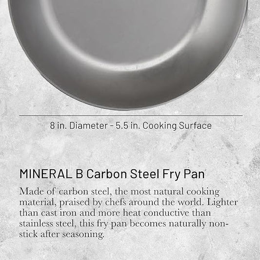 de Buyer MINERAL B Pro Carbon Steel Fry Pan - 8” Diameter, 5.5” Cooking Surface - Ideal for Searing, Sauteing & Reheating - Made in France