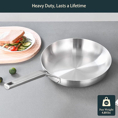 Yeksum Tri-Ply Fully Bonded Stainless Steel 12Inch Frying Pan With Lid, Up to 600℉ Full Clad, Large Cooking Surface for Searing, Induction Ready, Dishwasher and Oven Safe
