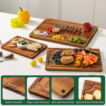 THETCHRY Acacia Wood Cutting Boards for Kitchen, Premium Wood Cutting Board Set with Holder, Chopping Board with Grooves and Built-in Handles, Wooden Charcuterie Board Trays for Meat, Fruit, Cheese