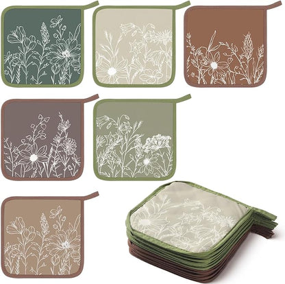 Bencailor 12 Pcs Pot Holders with Pocket Kitchen Hot Potholders Hot Pad Oven Mitts Cookie Bag Oven Gloves for Kitchen Gift Baking Cooking (Morandi,Wildflower)