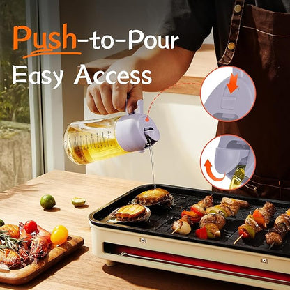 Person pouring oil from a push-to-pour bottle onto skewers on a grill with 'Push-to-Pour Easy Access' text.