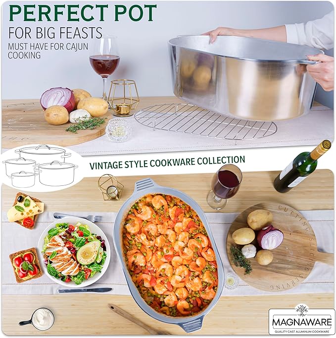 MAGNAWARE Cast Aluminum Oval Dutch Oven with Lid — 12.6 QT Heavy Duty Roaster Pan with Rack & Silicone Cover Dual Handles — Cajun Cookware for Roasting, Baking, Cooking (18" X-Large)
