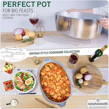 MAGNAWARE Cast Aluminum Oval Dutch Oven with Lid — 12.6 QT Heavy Duty Roaster Pan with Rack & Silicone Cover Dual Handles — Cajun Cookware for Roasting, Baking, Cooking (18" X-Large)
