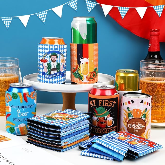 Oktoberfest Can Cooler Sleeves, 18pcs Oktoberfest 12 oz Cold Drinks Bavarian Style Beer Drink Can Bottle Cooler Sleeves for Oktoberfest Party Favors Decorations Supplies