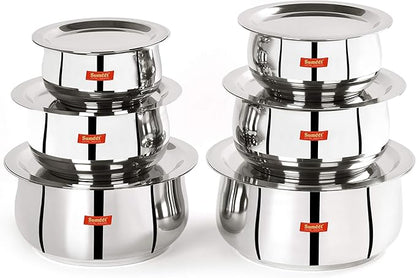 Sumeet Stainless Steel Belly Shape 6 Pc Tope/Cookware/Pot Set with Lid 380ML, 500ML, 780ML, 1.1Ltr, 1.4Ltr, 1.75Ltr (Silver)
