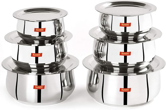 Sumeet Stainless Steel Belly Shape 6 Pc Tope/Cookware/Pot Set with Lid 380ML, 500ML, 780ML, 1.1Ltr, 1.4Ltr, 1.75Ltr (Silver)