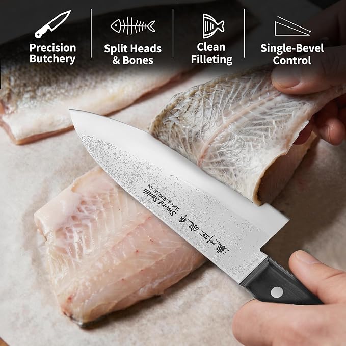 6 Inch Deba Knife, Made in Japan, Right-Handed Single Bevel Fish Butcher Knife, High Carbon Stainless Steel with Nashiji Finish, Pakkawood Handle for Fish Filleting & Butchering