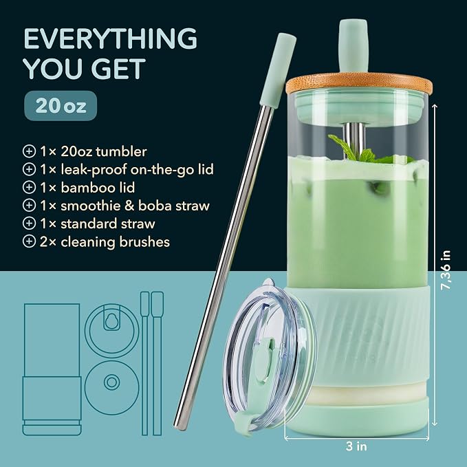 Pandaloo® Glass Cups With Lids and Straws -20 Fl Oz- Perfect Size Iced Coffee Cup - Smoothie Cup With Bamboo Lid and On the go Lid (Sweet Sage, 1 Count (Pack of 1)
