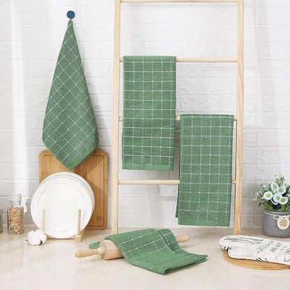 Homaxy 100% Cotton Terry Kitchen Towels(Grass Green, 13 x 28 inches), Checkered Designed, Soft and Super Absorbent Dish Towels, 24 Pack